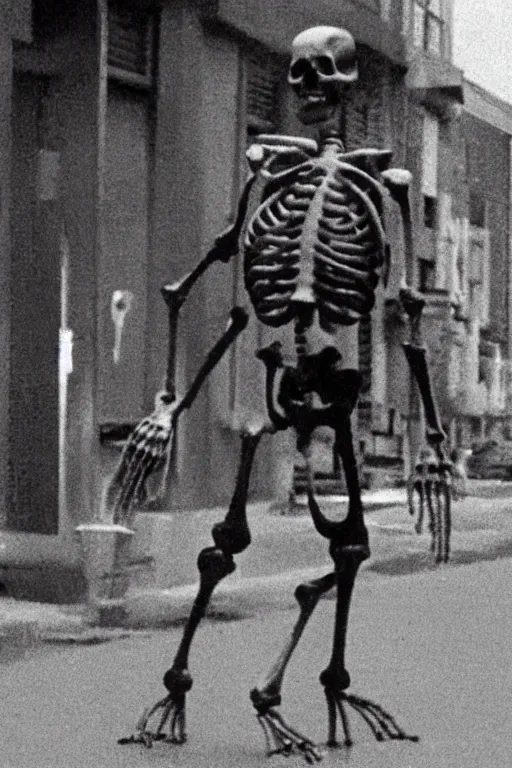 Prompt: still from vhs! footage of skeleton nerve!! cryptid! walking down street
