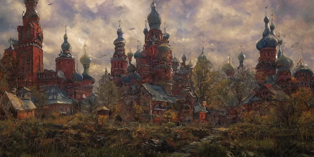 Prompt: beautiful magical ancient Slavic city of Kitezh, magic mist, strange buildings, oil painting, painting by Viktor Vasnetsov, concept art, fantasy cityscape, ancient Russian architecture, painting by Ivan Shishkin, hyperborea, high resolution, trending on artstation,