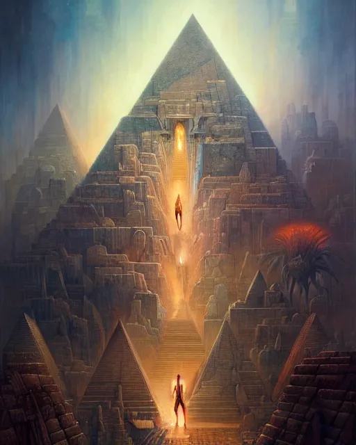 Prompt: inside a large pyramid made of pyramids and eyes fantasy character portrait, ultra realistic, wide angle, intricate details, blade runner artifacts, highly detailed by peter mohrbacher, boris vallejo, hajime sorayama aaron horkey, gaston bussiere, craig mullins