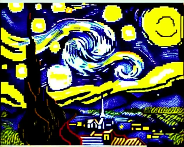 Prompt: Red green and black color scheme Starry Night by van Gogh, re imagined as 8 bit pixel art.