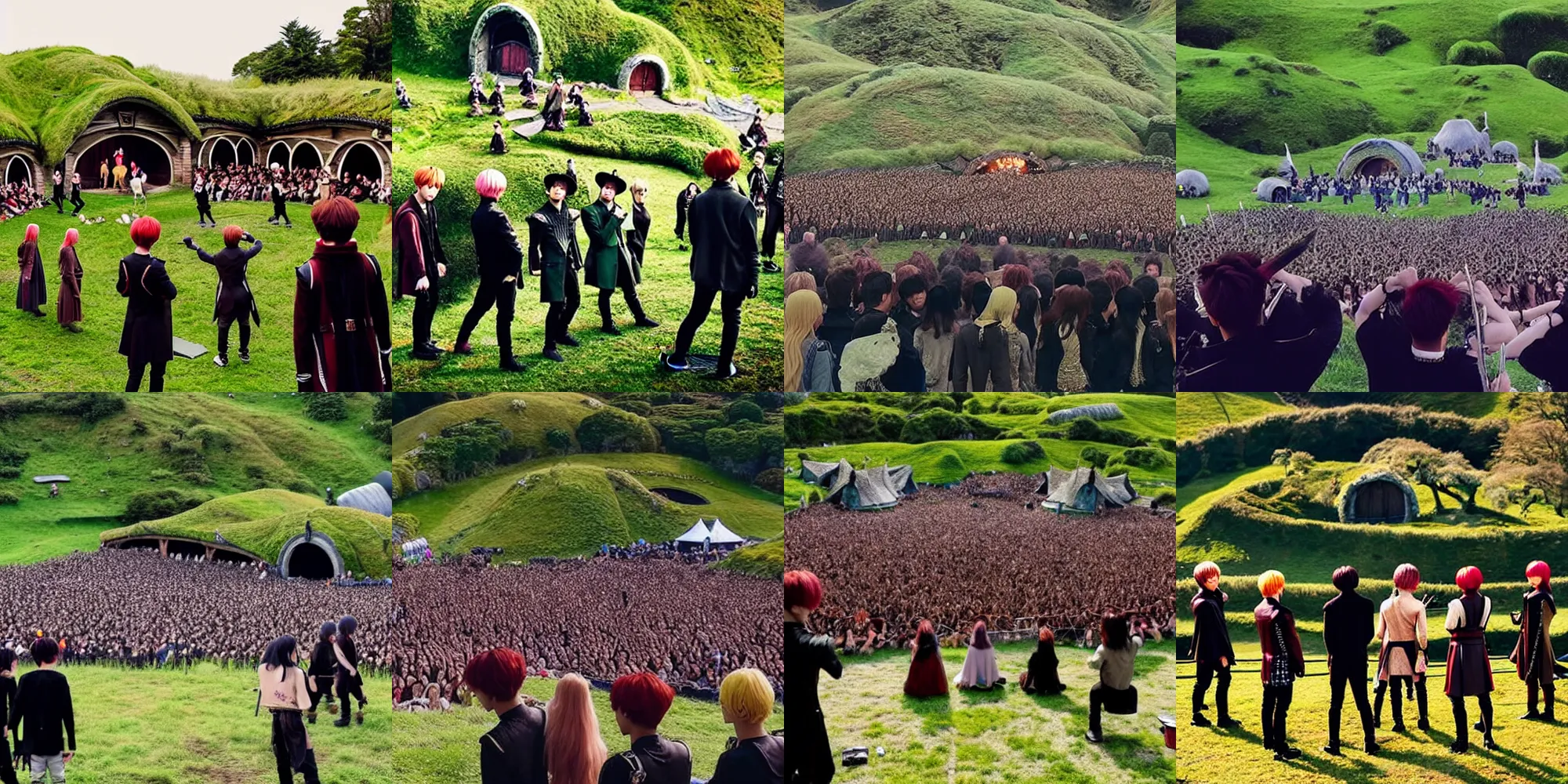 Prompt: k - pop group bts putting on a concert in hobbiton from lord of the rings, hobbits standing around stage watching, realistic, photograph shot from behind crowd facing the stage,