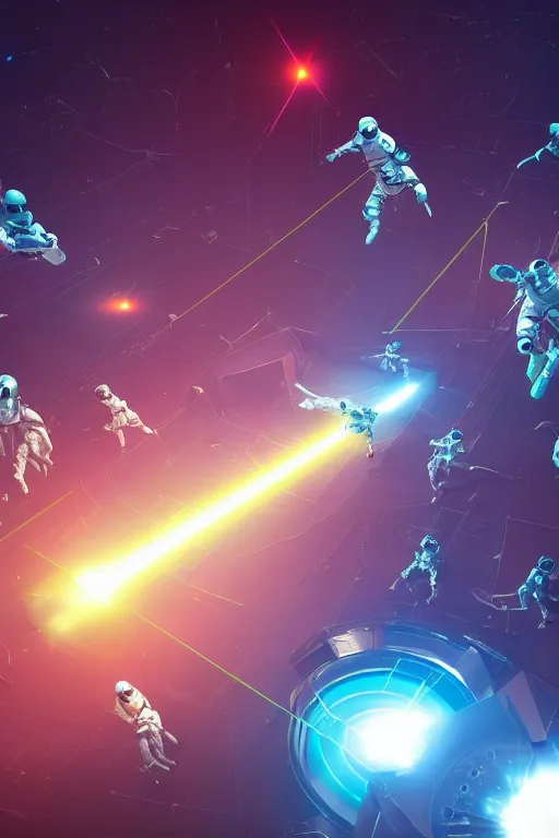 Image similar to wide view of a dozen futuristic spacemen firing lasers, zero gravity, floating, in space, bright, hiding behind obstacles, surrounded by a laser grid, stars visible, unreal engine, lensflares, low perspective, vector, polygons