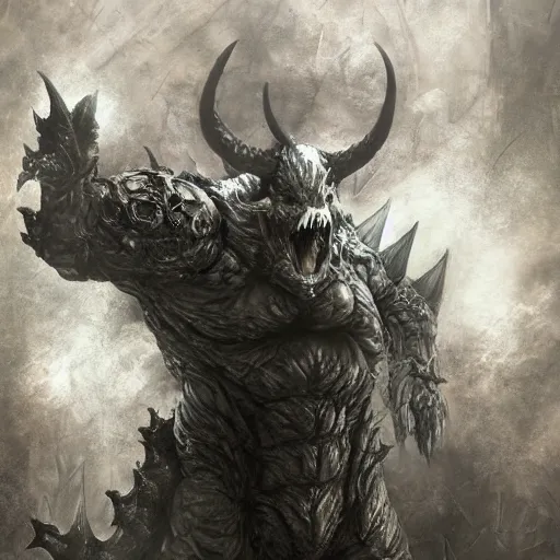 Image similar to gigantic bowser demonic with huge horns and scales and talons, resident evil, silent hill, horror, terror, scary, by ruan jia, by austin osman spare, symbolist painting, mist, volumetric render, digital painting, detailed painting, occult