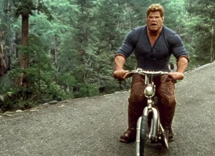 Prompt: film still of movie thanos as brand riding a small childrens bike down a steep mountain road in the goonies 1 9 8 5