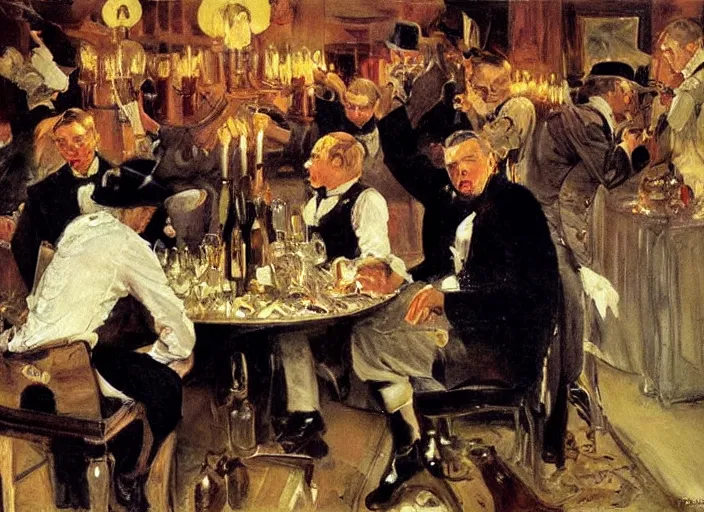 Prompt: gentlemens dinner, singing, roaring twenties, cellar, masterpiece, torches on wall, meat, wine, schnapps, smoking cigars, scantily clad blondes, oil painting by anders zorn and carl larsson, art nouveau