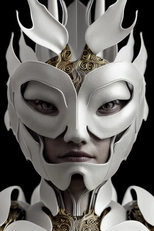 Image similar to monochrome close - up profile face, black background, beautiful young porcelain bio - mechanical vegetal - dragon - cyborg - female, white metallic armour, silver gold details, magnolia leaves and stems, roots, mandelbot fractal, 1 5 0 mm, beautiful natural soft rim light, elegant, hyper real, ultra detailed, octane render, 1 6 k