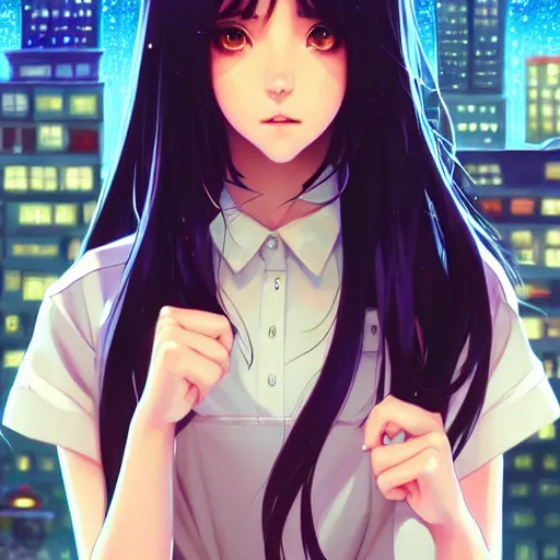 Image similar to a beautiful girl with long dark hair, city background, intricate, highly detailed, digital painting, artstation, official media, anime key visual, concept art, rich vivid colors, ambient lighting, sharp focus, illustration, art by Artgerm, Makoto Shinkai, Ilya Kuvshinov, Lois Van Baarle, and Rossdraws