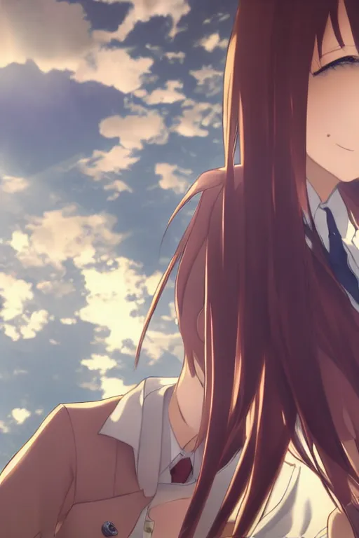 Image similar to Smiling Kurisu Makise by Akihiko Yoshida, Makoto Shinkai, with backdrop of god rays