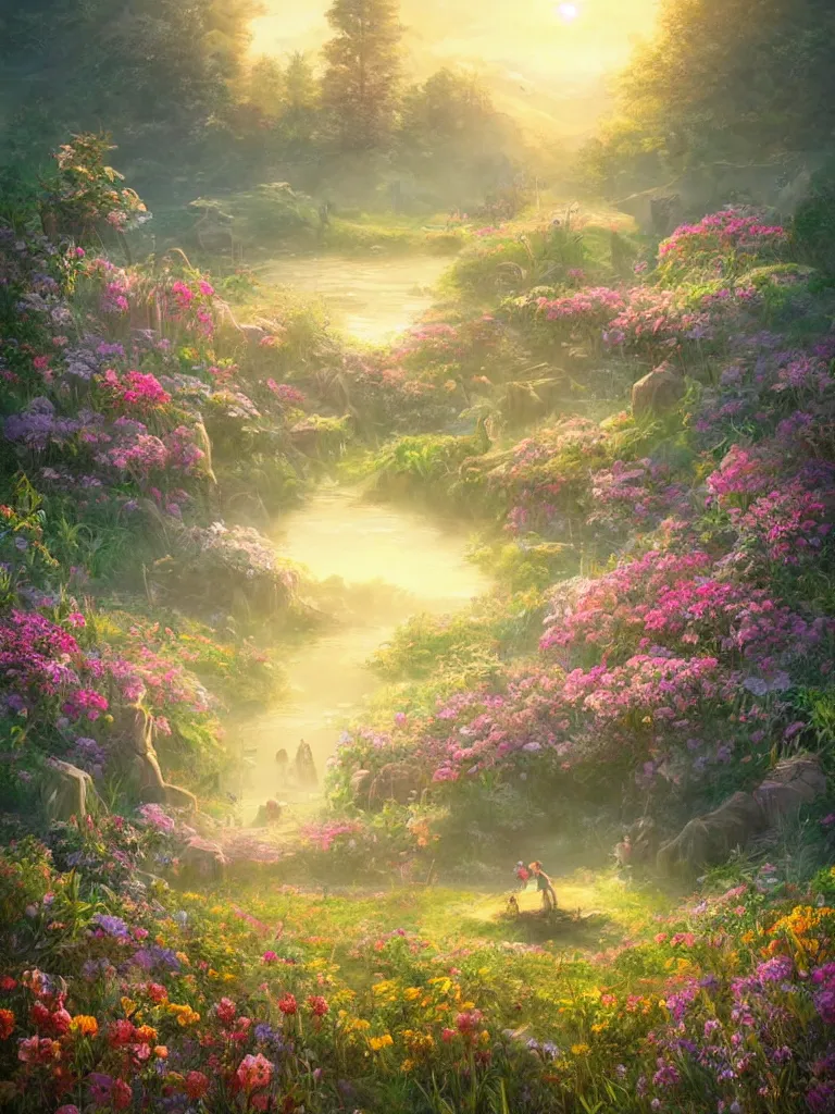 Prompt: a dream flower garden near a lakeside campsite environment where one draws mystical energy into their lives, background art, pristine concept art, small, medium and large design elements, golden hour, in the style of WLOP and Ross Tran