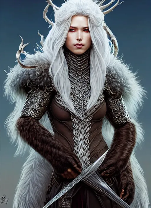 Image similar to fur coated armor!!! long wild white hair!! covered chest!!! fantasy, d & d, intricate ornate details, symmetry, concept art, sharp focus, illustration, art by artgerm! greg rutkowski magali villeneuve wlop! ilya kuvshinov!!, octane render, unreal engine 5, highly rendered!!