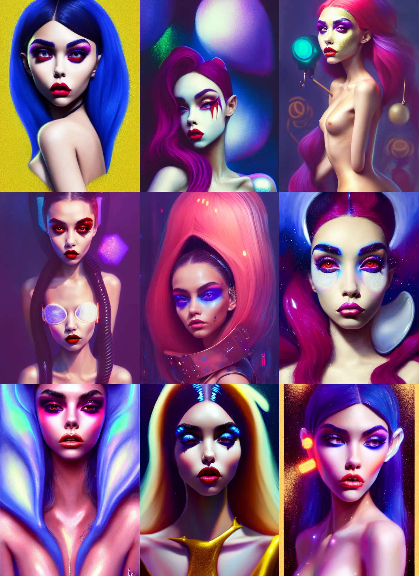 Prompt: disney 8 k photo, lush shiny ivory clowncore madison beer, fashion art, ( golden ratio ), met gala, pout, racy, hologram, sci fi, fantasy, cyberpunk, intricate, decadent, highly detailed, digital painting, octane render, artstation, concept art, smooth, sharp focus, illustration, art by loish, wlop