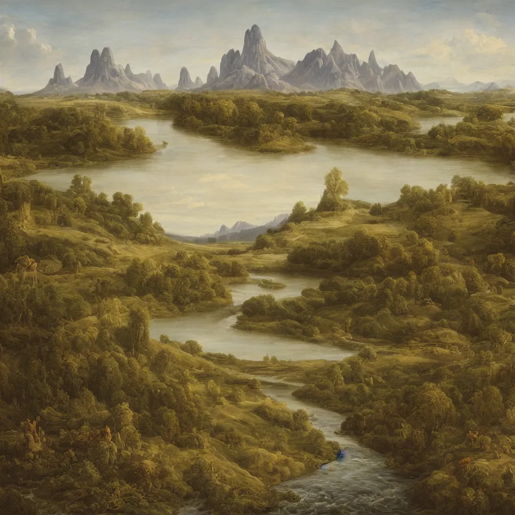 Image similar to a wide angle landscape of a prairie with a very large thin spire mountain in the distance and a wide river running in the middle of the frame with a city upon the river in the style of rococo digital painting