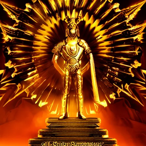 Prompt: the emperor of the sun wearing a golden armor standing on the throne, cinematic, lens flare, dust particle effects