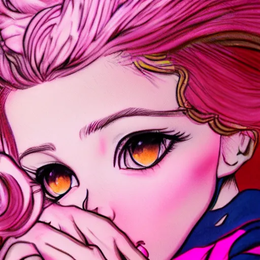 Image similar to beautiful pink little girl, profile picture, vintage fashion, highly detailed, reflection, 8 k, realistic artwork, hd, inspired by jojo bizarre adventure, 9 0 s anime art style