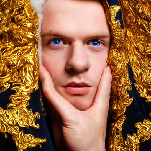 Prompt: a professional studio low - key lighting high contrast photography portrait of a young blonde blue eye man in an ornate vintage coat golden leafs, taking off horror mask, highly detailed mid shot dutch angle, volumetric lighting one source, gloaming eye whites portrait, poster, 4 k, award winning, canon, photo of the year, dalle 2 reference