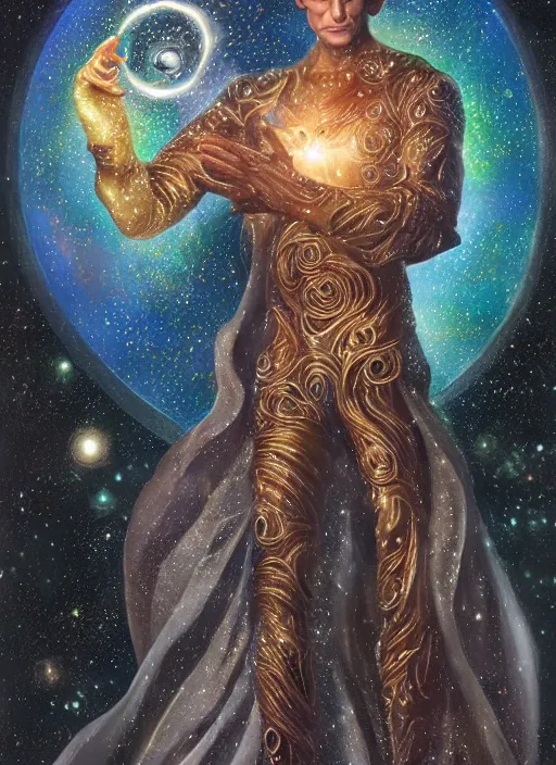 Prompt: high intricate mixed art of the sandman holding a glimmering galaxy, full shot, neil gaiman, maria panfilova, andrea savchenko, mike kime, ludovic plouffe, qi sheng luo, oliver cook, julian calle, eddie mendoza, trending on artstation