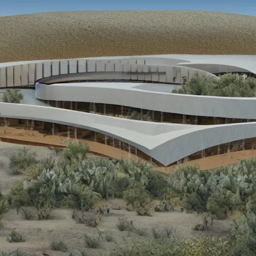 Image similar to architectural rendering, full size view of biophilia building in the desert, biomimetry