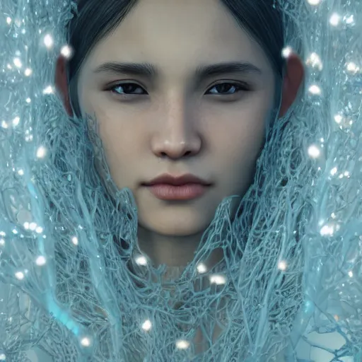 Image similar to intricate highly detailed face portrait of asian - european woman, light blue water vines on her face, intricate, cgsociety, unreal engine, octane render, sharp focus, smooth, volumetric lighting, cinematic composition, artstation