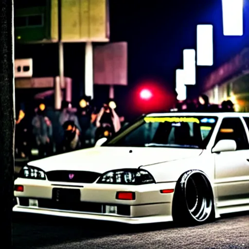 Image similar to a car JZX100 turbo drift at illegal car meet, shibuya prefecture, midnight mist streetlights, color grade, photorealistic, highly detailed wheels, highly detailed