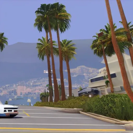 Prompt: Steven Seagal in GTA V . Los Santos in background, palm trees. in the art style of Stephen Bliss