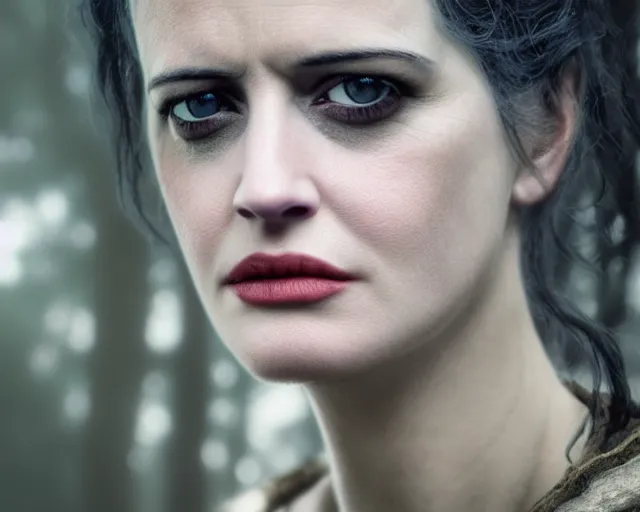 Image similar to 5 5 mm portrait photo of a real life tough looking eva green as ciri with ashen hair and a large scar along her left cheek, in a magical forest. dark atmosphere. art by greg rutkowski. highly detailed 8 k. intricate. lifelike. soft light. nikon d 8 5 0.