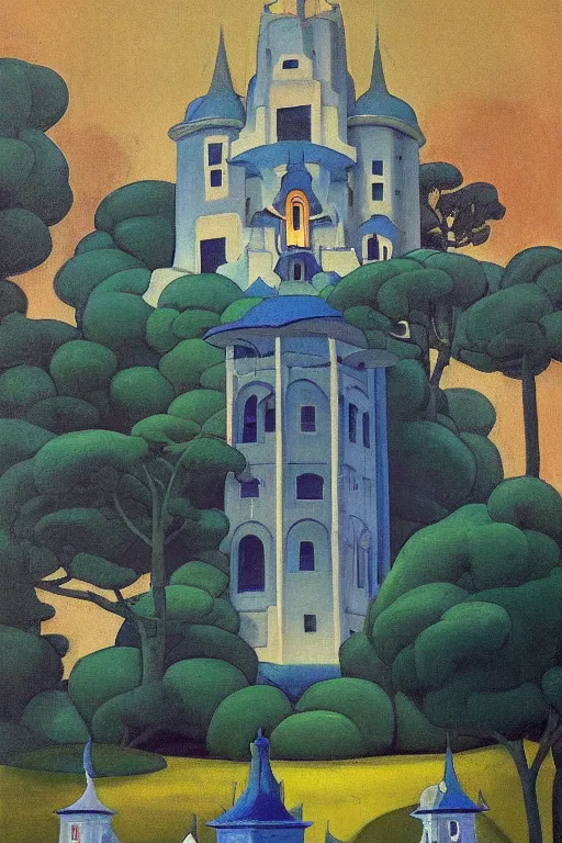 Image similar to view of the mysterious blue tower in its gardens after a storm, tall windows lit up, beautiful ornament, dramatic cinematic lighting, rich colors, by Nicholas Roerich and Ludwig Deutsch and April Gornik and Sylvain Sarrailh