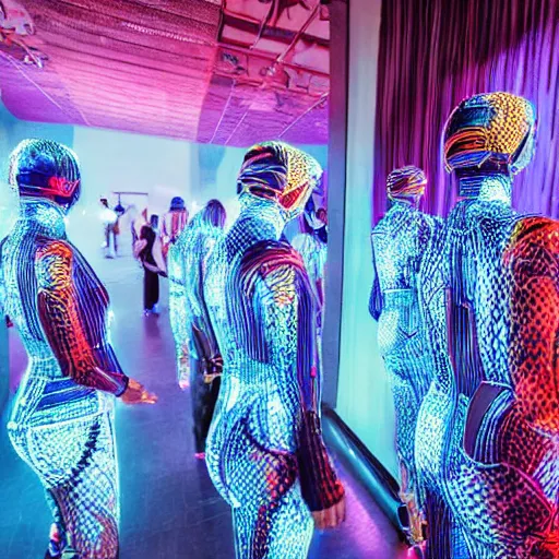 Prompt: love, diverse blue cybersuits, from behind, connection rituals, wide wide angle, vivid, elaborate, highly detailed, beautiful lighting