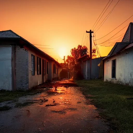 Image similar to Old breaking houses, orange dawn, vaponpunk, sunset, 8k, soft light, ray tracing, wet ground