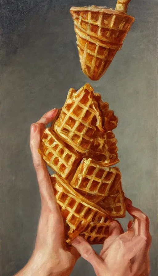 Image similar to still life painting of a hand holding a waffle cone containing 3 scoops of italian gelato by Peder Krøyer, golden hour, dramatic lighting, intricate detail, canvas print, 4k