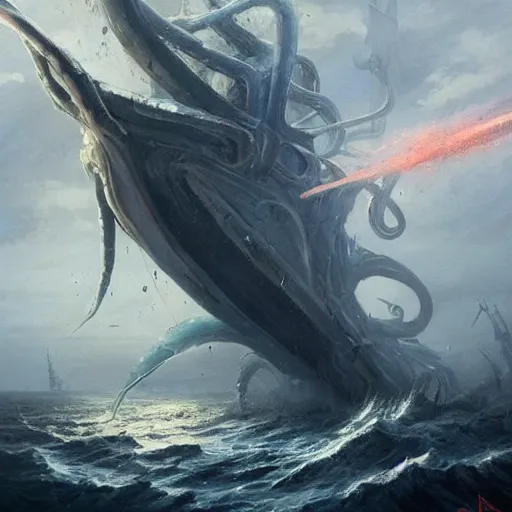 Image similar to a giant squid with bulging eyes, tentacles rising from the sea, exploded ship, magic the gathering art, art by greg rutkowski, fantasy rpg, league of legends