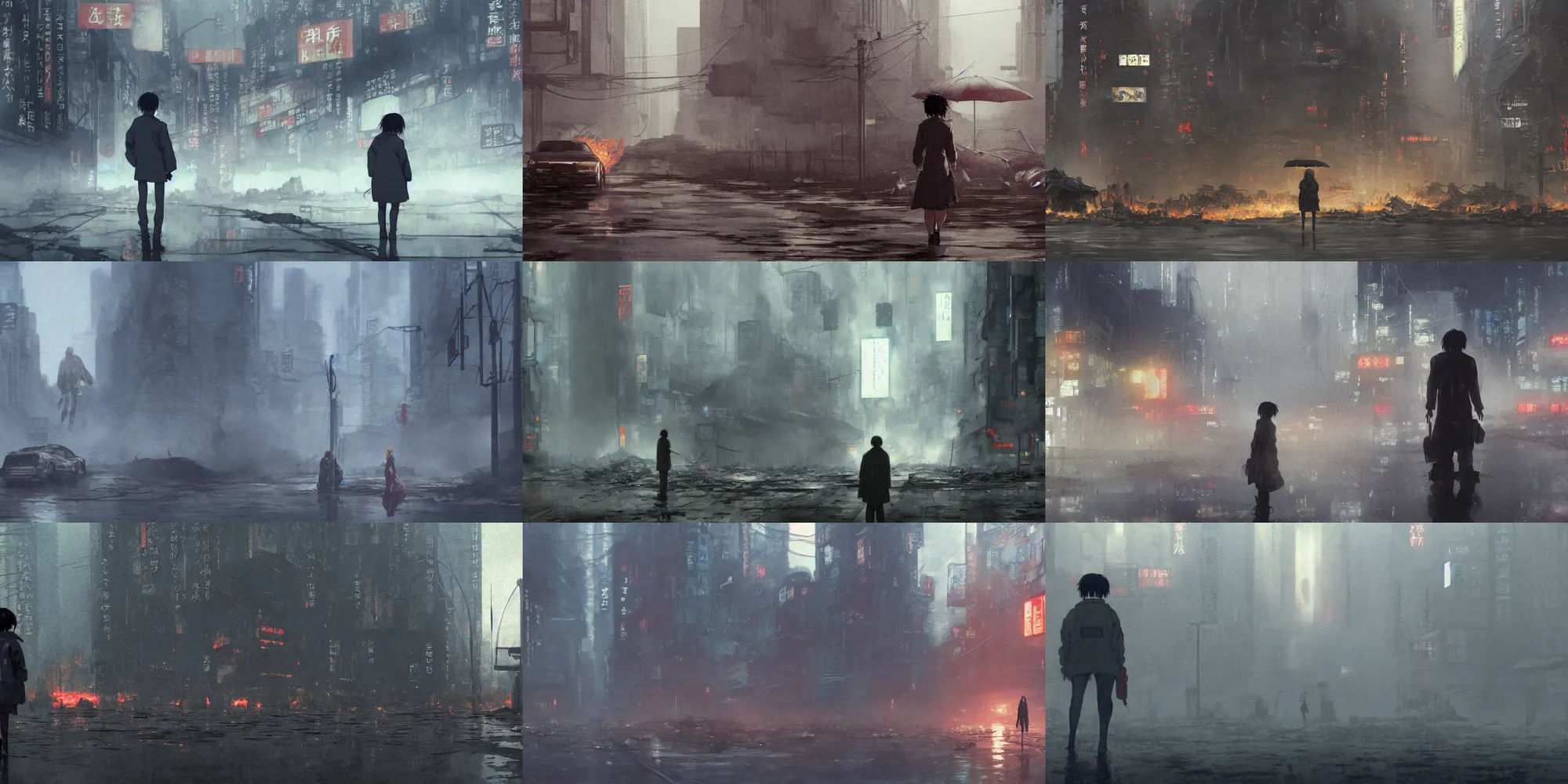 Prompt: incredible wide screenshot, ultrawide, simple water color, paper texture, katsuhiro otomo ghost in the shell, mamoru oshii, titled camera angle, backlit girl in parka, wet dark road, parasol in deserted junk pile giant robot, earthquake destruction, reflection, thick fog, smoke, destroyed robots, blazing fire, burning bus crash inferno, lens flare