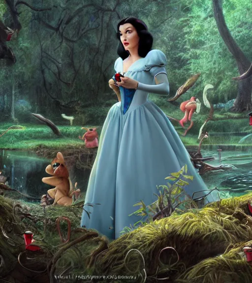 Image similar to film still of Monica Bellucci as snow white in a forest by a pond with frogs, by artgerm, makoto sinkai, magali villeneuve, Gil Elvgren, Earl Moran,Enoch Bolles, symmetrical,