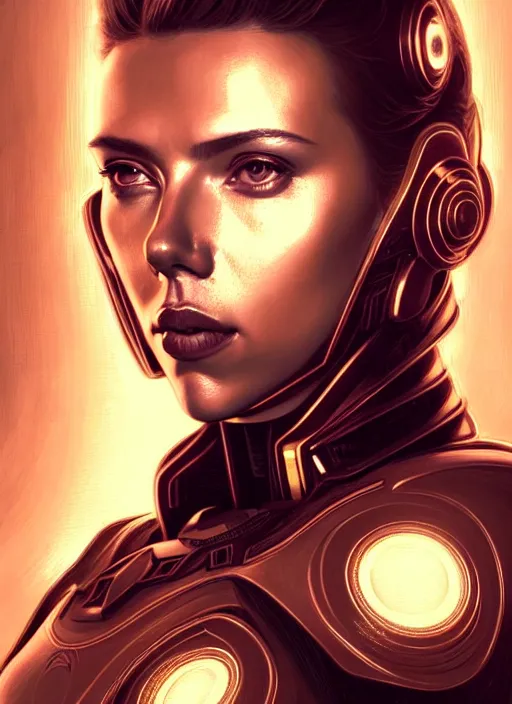 Image similar to symmetry!! portrait of scarlett johansson, gold sci - fi armour, tech wear, glowing lights!! sci - fi, intricate, elegant, highly detailed, digital painting, artstation, concept art, smooth, sharp focus, illustration, art by artgerm and greg rutkowski and alphonse mucha