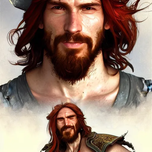 Image similar to portrait of a young ruggedly handsome but joyful pirate, male, masculine, upper body, red hair, long hair, d & d, fantasy, roguish smirk, intricate, elegant, highly detailed, digital painting, artstation, concept art, matte, sharp focus, illustration, art by artgerm and greg rutkowski and alphonse mucha