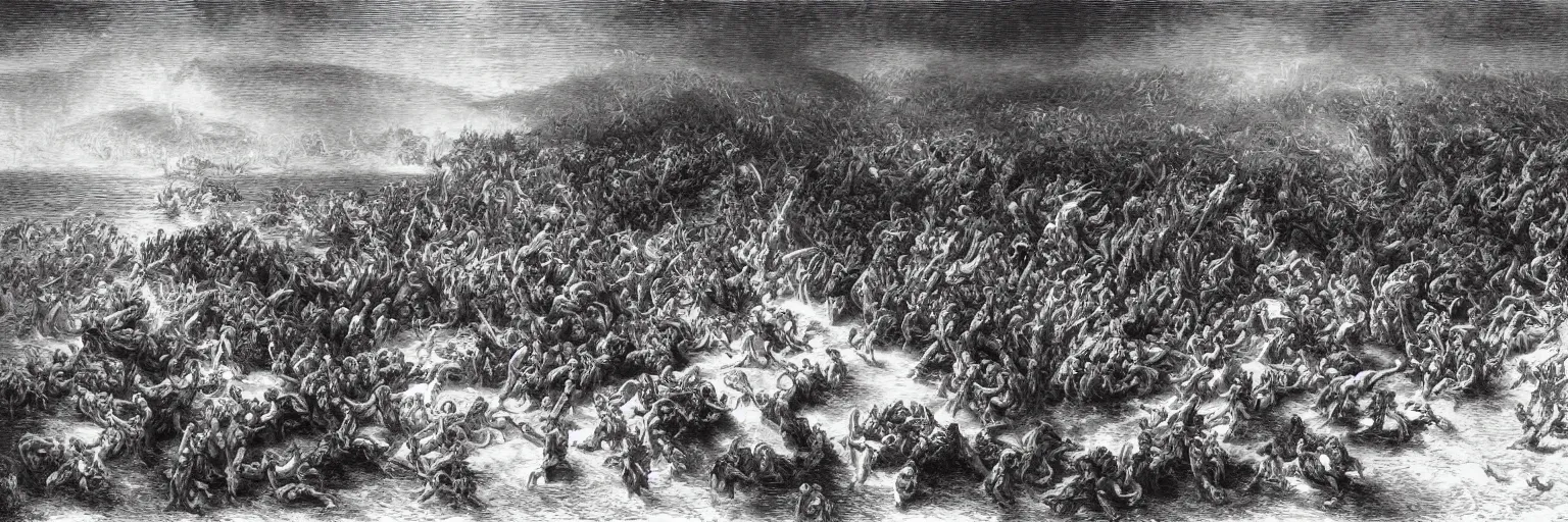 Image similar to aerial view, the biblical crossing of the red sea, Gustave Dore lithography