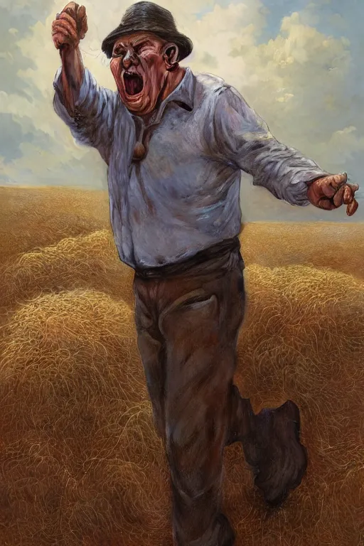 Image similar to an old man yelling at a pile of hay, realistic painting, symmetrical, highly detailed, digital painting, artstation, concept art, smooth, sharp focus, illustration, cinematic lighting, art by artgerm and greg rutkowski and alphonse mucha