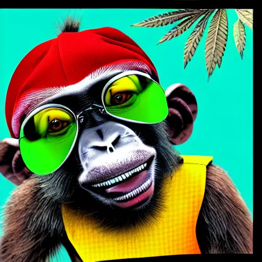 Image similar to a drug psa with monkey who high with marijuana, pop art, digiral art, highly rendered, octane rendered, 2 d style, colorful, colorama