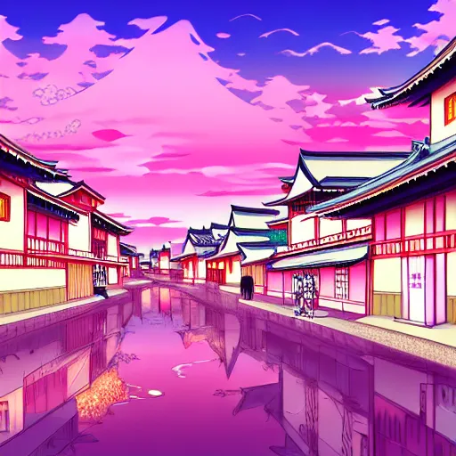 Prompt: A japanese town with pink sky, cozy town, anime wallpaper, Hirohiko Araki, Hirohiko Araki artwork, araki art, 4K