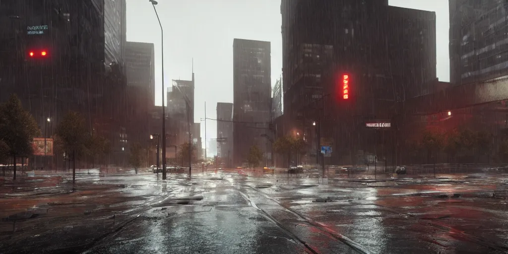 Prompt: dystopian downtown denver with heavy rain, cinematic, ultra - realistic, ultra - detailed, octane render, unreal engine 5, depth of field