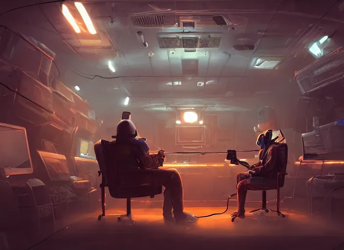 Prompt: a man sitting on a chair with things attached to his head, screens and monitors in front of him playing videos, ship interior, narrow hallway, scifi, dramatic lighting, concept art, surreal