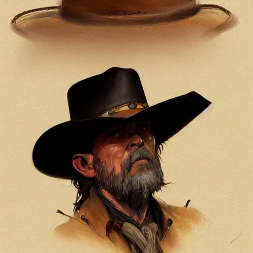 Prompt: a man, cowboy hat, portrait, wild west, fantasy, highly detailed, digital painting, artstation, concept art, sharp focus, illustration, art by artgerm and greg rutkowski and alphonse mucha