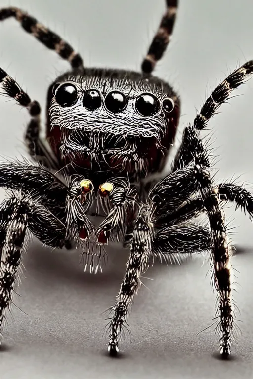 Image similar to 8mm extremely detailed macro photography of a jumping spider playing drums, realistic, 8k, colorful, national geographic, detailed