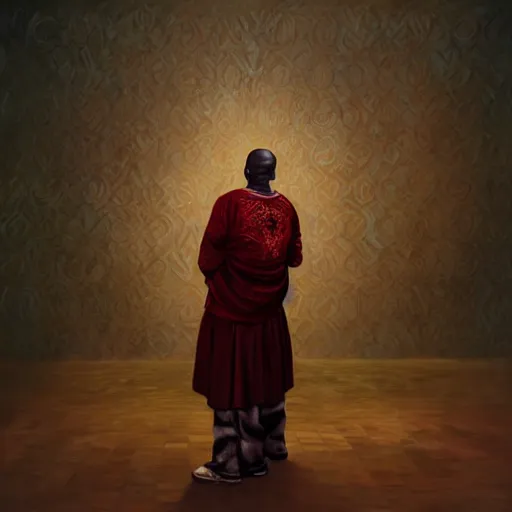 Image similar to a painting of a XXL wise elder from Kenya in a suit by Kehinde Wiley . dramatic angle, ethereal lights, details, smooth, sharp focus, illustration, realistic, cinematic, artstation, award winning, rgb , unreal engine, octane render, cinematic light, macro, depth of field, blur, red light and clouds from the back, highly detailed epic cinematic concept art CG render made in Maya, Blender and Photoshop, octane render, excellent composition, dynamic dramatic cinematic lighting, aesthetic, very inspirational, arthouse.