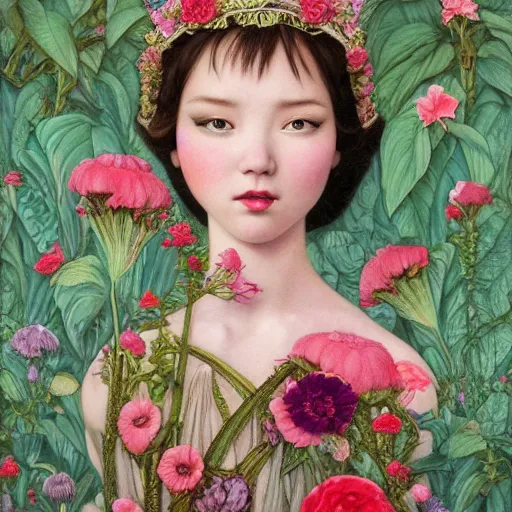 Image similar to princess girl, botanical, portrait face, colorful, kupka, long dress intricate, miles johnston, kuroda seiki, cynical realism, ozabu, john william godward, painterly, yoshitaka amano, moebius, miles johnston, louise zhang, james jean, mark ryden lowbrow pop surrealism art style