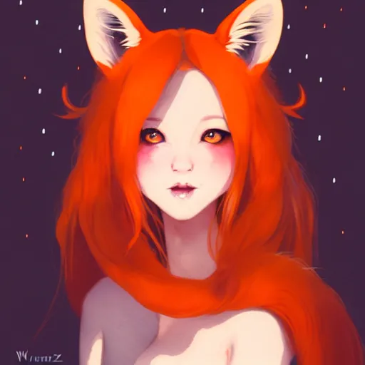 Image similar to character design portrait of a beatiful anthropomorphic furry fox woman with fox ears, long orange hair, wearing a hot dress, looking at the camera, 4 k, concept art, by wlop, wenjun lin, watercolor, ilya kuvshinov, artgerm, krenz cushart, pixiv.