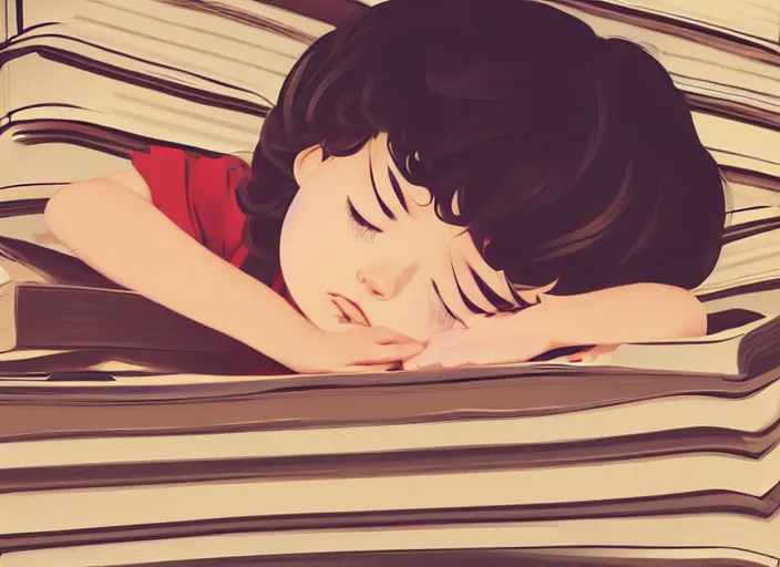 Image similar to a little girl with short wavy curly light brown hair is asleep in pile of books. clean cel shaded vector art. shutterstock. behance hd by lois van baarle, artgerm, helen huang, by makoto shinkai and ilya kuvshinov, rossdraws, illustration, art by ilya kuvshinov