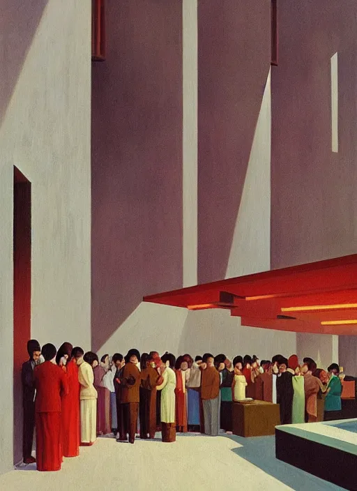 Image similar to crowd in line at art deco hospital painting by Edward Hopper and James Gilleard, Zdzislaw Beksinski highly detailed