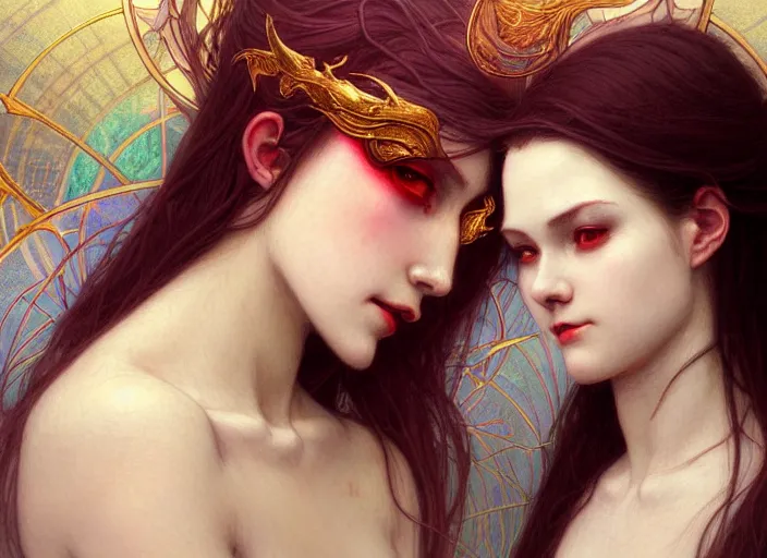 Image similar to portrait of demonic woman and angelic woman, confident pose, pixie, genshin impact, intricate, elegant, sharp focus, soft bokeh, illustration, highly detailed, concept art, matte, trending on artstation, bright colors, art by wlop and artgerm and greg rutkowski, mucha, giger, marvel comics