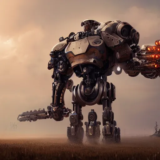 Prompt: a walking mechanical goliath with alot of guns moving through an open field, au naturel, hyper detailed, digital art, trending in artstation, cinematic lighting, studio quality, smooth render, unreal engine 5 rendered, octane rendered, art style by klimt and nixeu and ian sprigger and wlop and krenz cushart