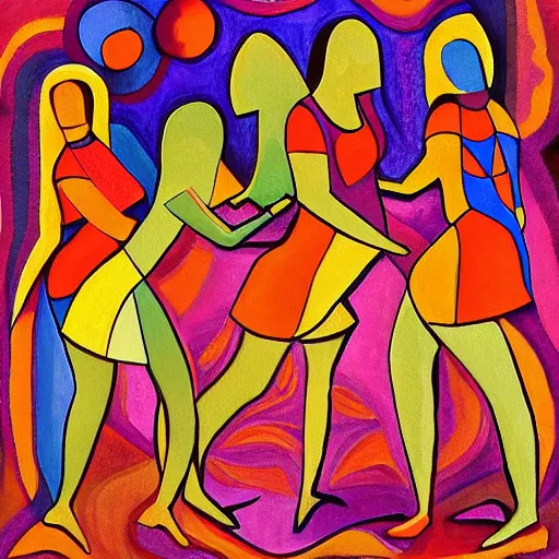 Image similar to the women gathered by the river to dance as the sun set , high quality digital art in the style of cubism and georgia o’ keefe,